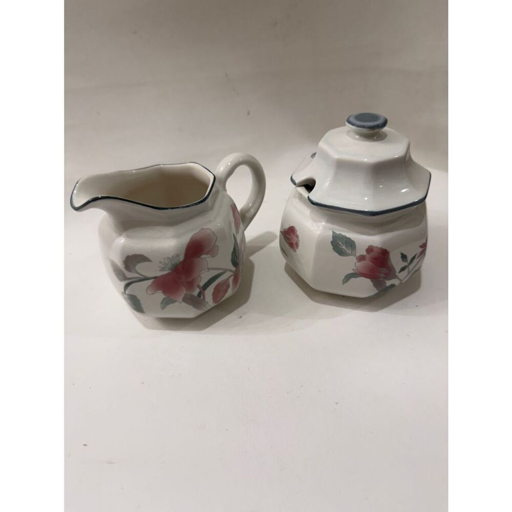 Mikasa Silk Flowers Cream Floral Porcelain Creamer Sugar Lid Pink Roses F3003